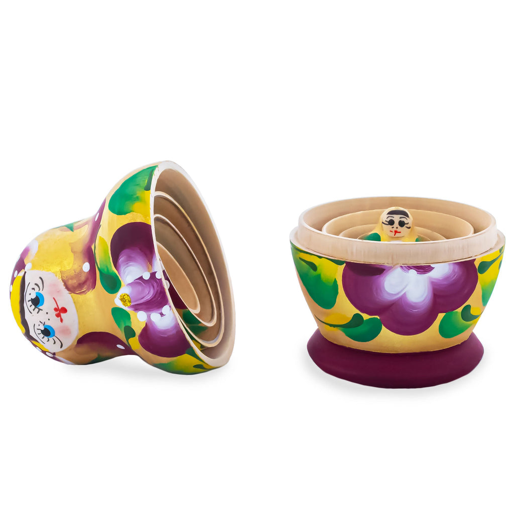 Wooden Gold Violet Floral Nesting Dolls - Stacking Matryoshka 3.1 Inches