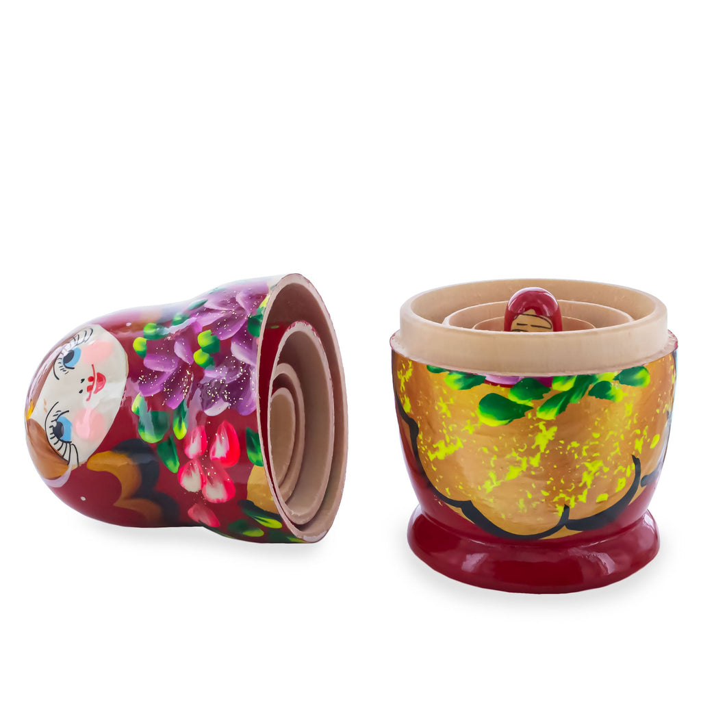 Red Color with Purple and Orange Flowers Wooden  Nesting Dolls