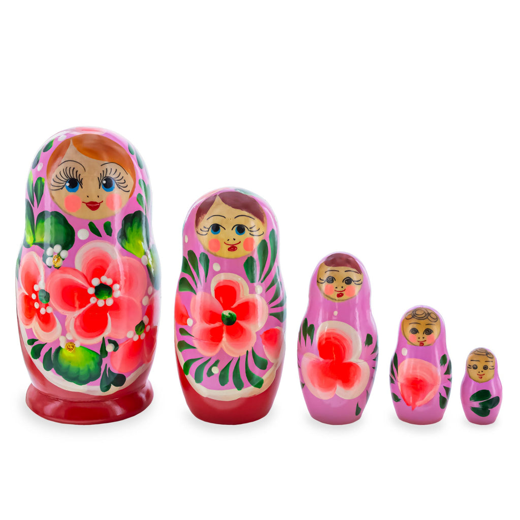 Orange Hood with Velvet Flowers Wooden  Nesting Dolls
