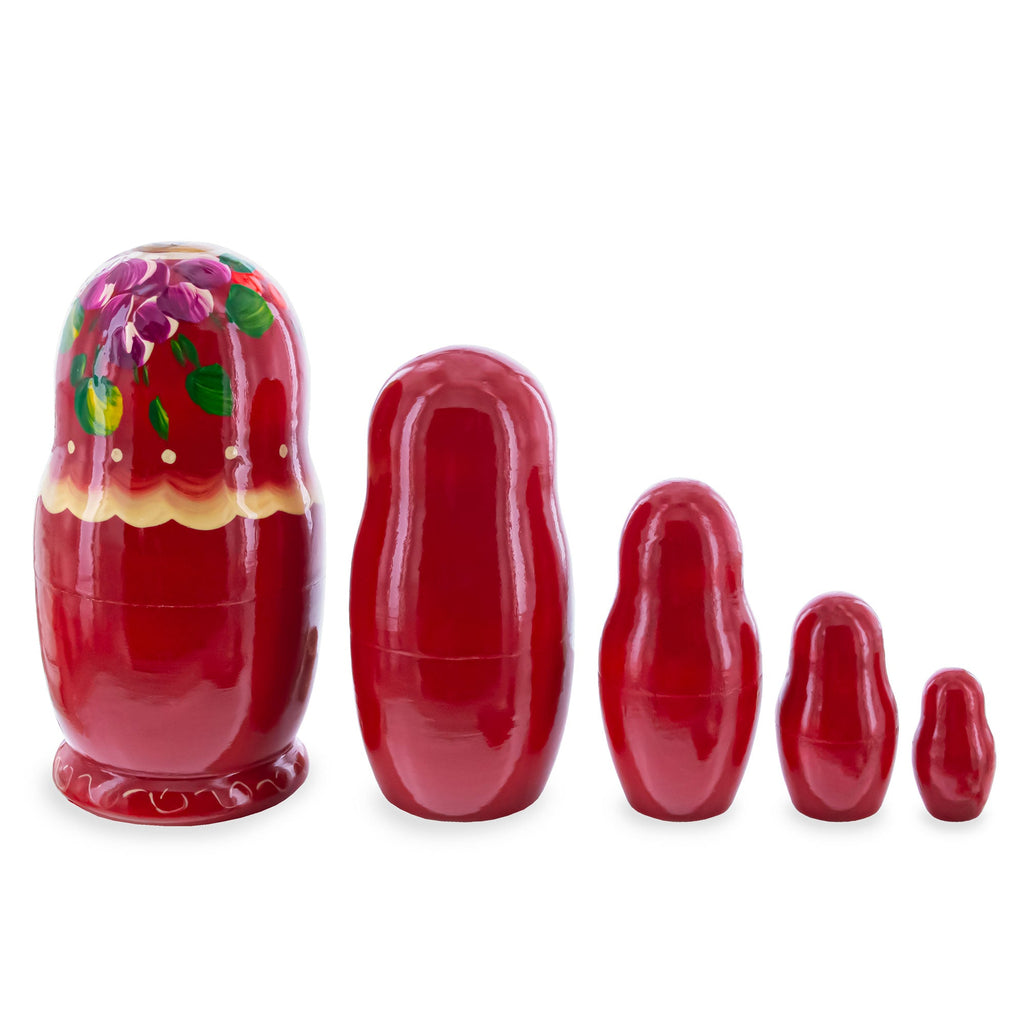 Red Color with Purple Flowers and Red Berries Wooden  Nesting Dolls