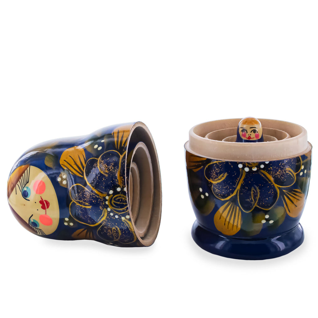 Blue Color with Gold Flowers Wooden  Nesting Dolls