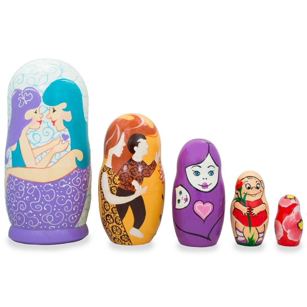 Set of 5 Happy Mother's Day Wooden Animal Nesting Dolls 6 Inches