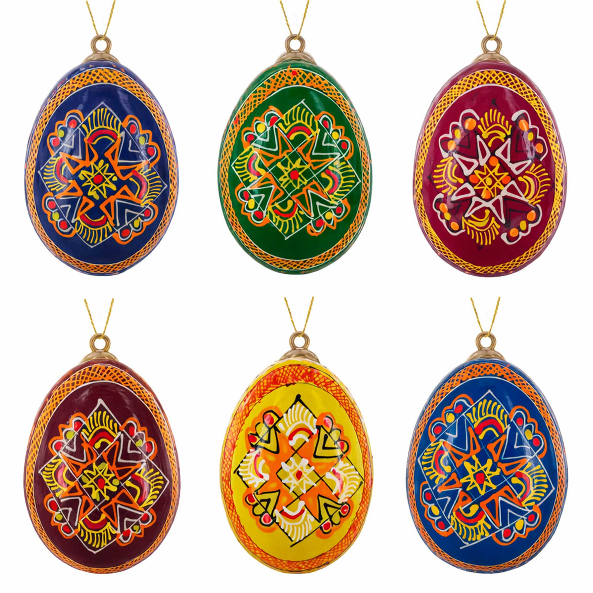 Set of 6 Ukrainian Wooden Easter Egg Ornaments 2.5 Inches