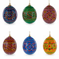 Set of 6 Ukrainian Geometric Wooden Pysanky Easter Eggs Ornaments