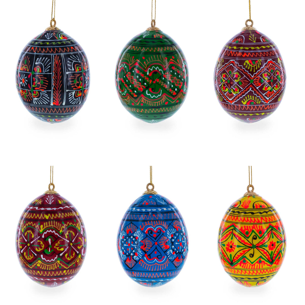 Set of 6 Ukrainian Geometric Wooden Pysanky Easter Eggs Ornaments