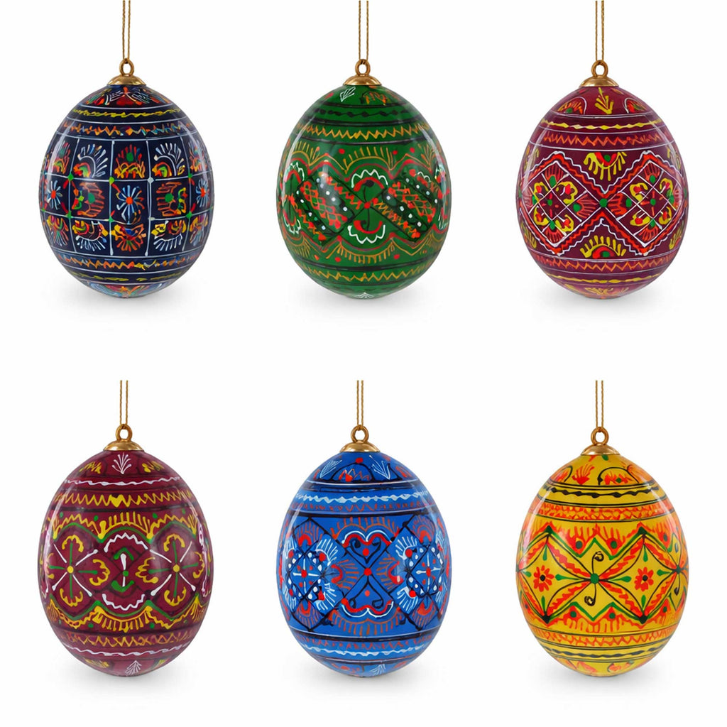 Set of 6 Ukrainian Geometric Wooden Pysanky Easter Eggs Ornaments