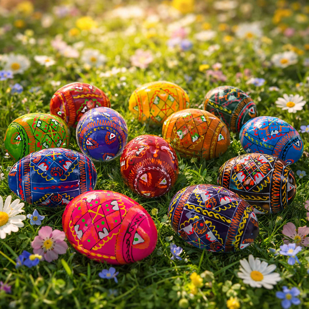 Set of 12 Handcrafted Geometric Ukrainian Pysanky Wooden Easter Eggs 2.5 Inches