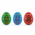 Set of 3 Vibrant Geometric Ukrainian Pysanky Wooden Easter Eggs 2.5 Inches