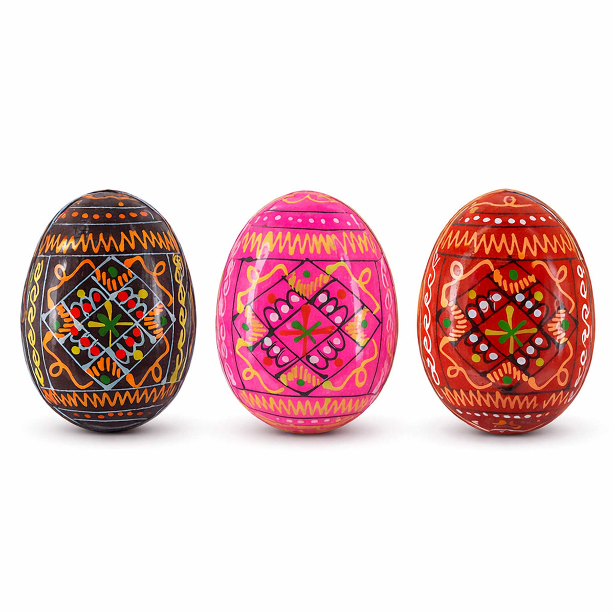 Set of 3 Red Shades Geometric Ukrainian Pysanky Wooden Easter Eggs 2.5 Inches