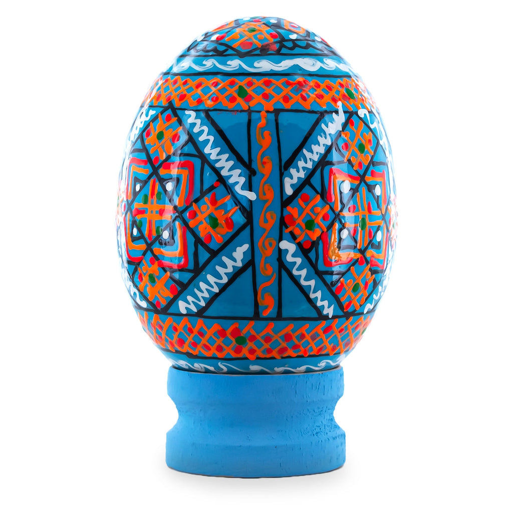 Geometrical Blue Ukrainian Wooden Easter Egg Pysanka on a Stand 3 Inches