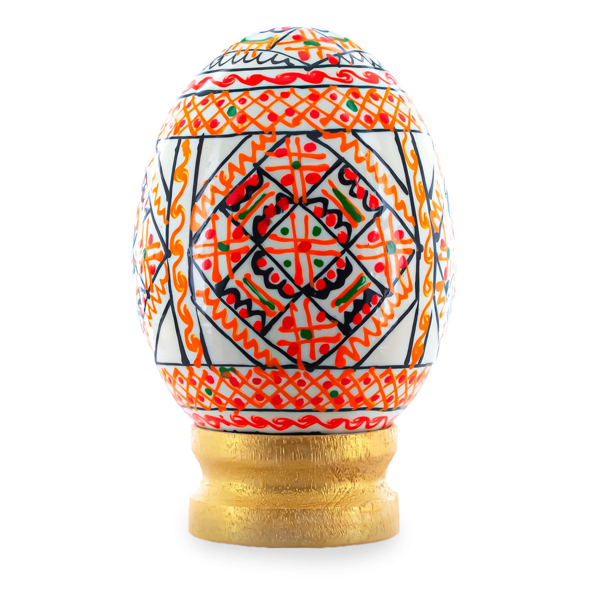 Geometrical White Ukrainian Wooden Easter Egg Pysanka on a Stand 3 Inches