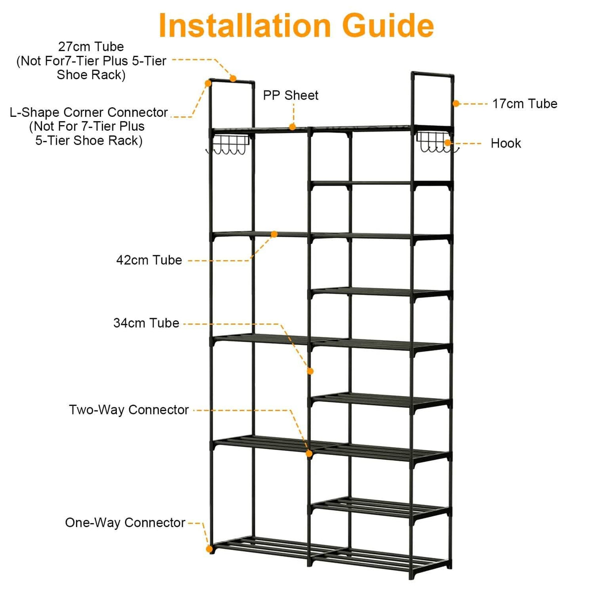 Metal Shoe Storage Shelf Free Standing Shoe Stand with 2 Row Hooks