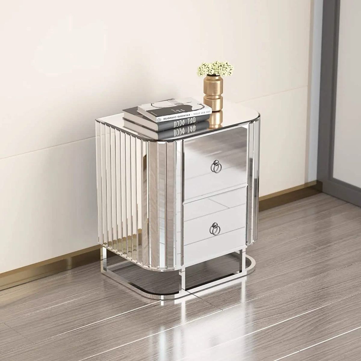 Mirrored Accent Table with 2 Drawers and Stainless Steel Frame