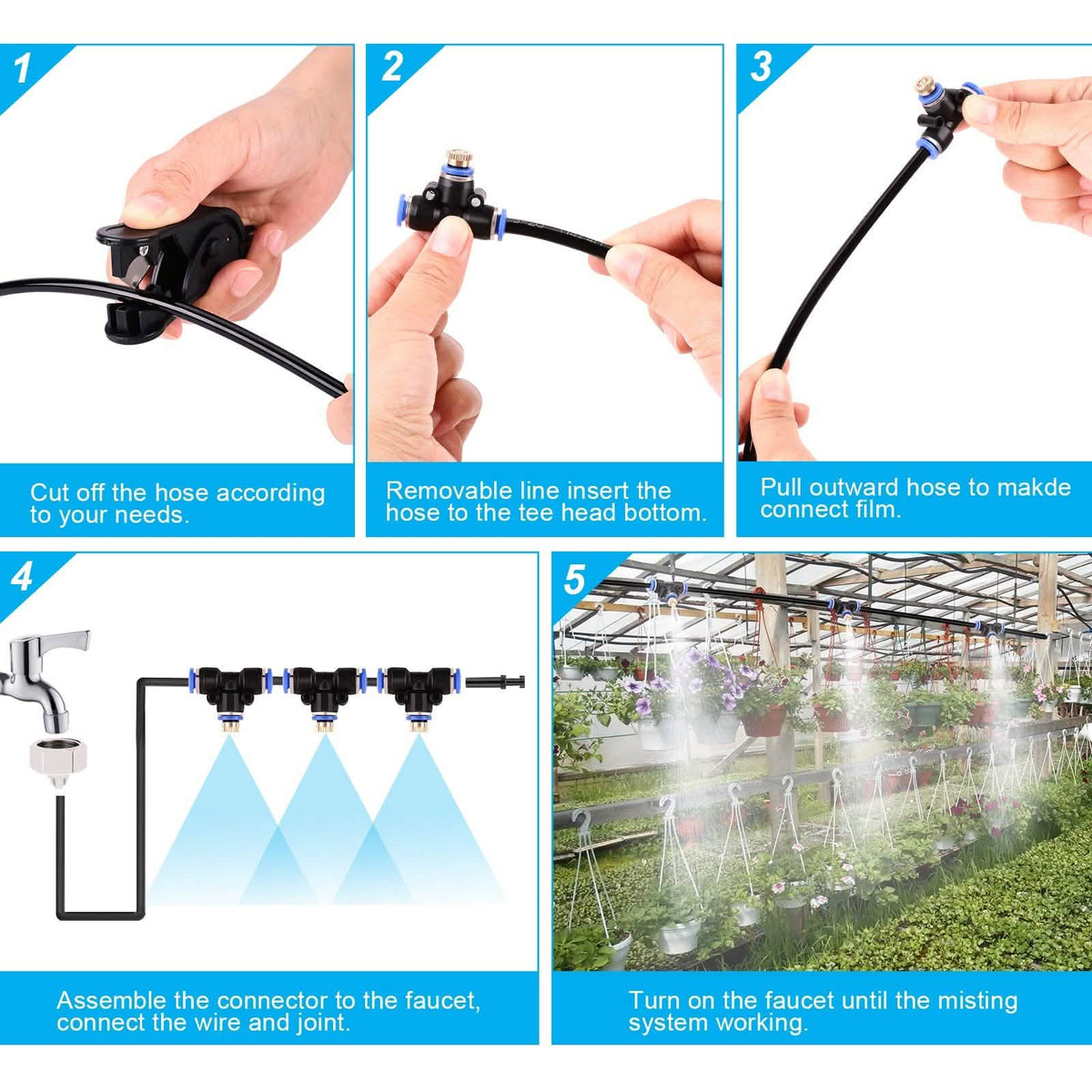 Mist Cooling System 26Ft Line + 10 T-Joint Nozzles Water Sprayer
