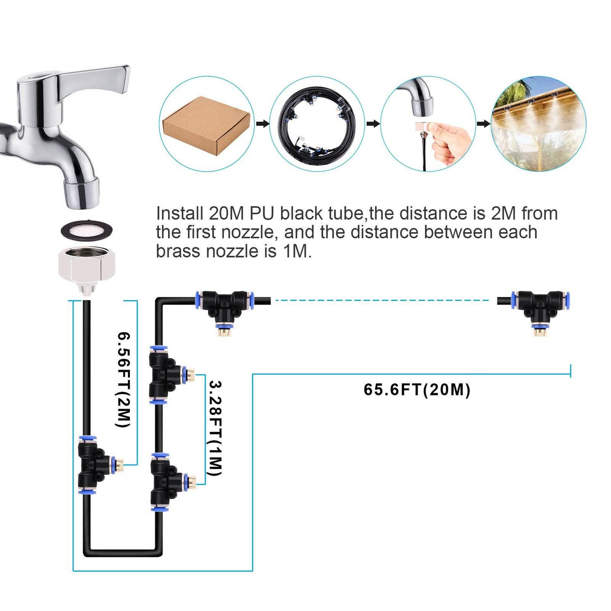 Misting Cooling System 65.6Ft Hose Line + 23 T-Joint Nozzles Water Sprayer