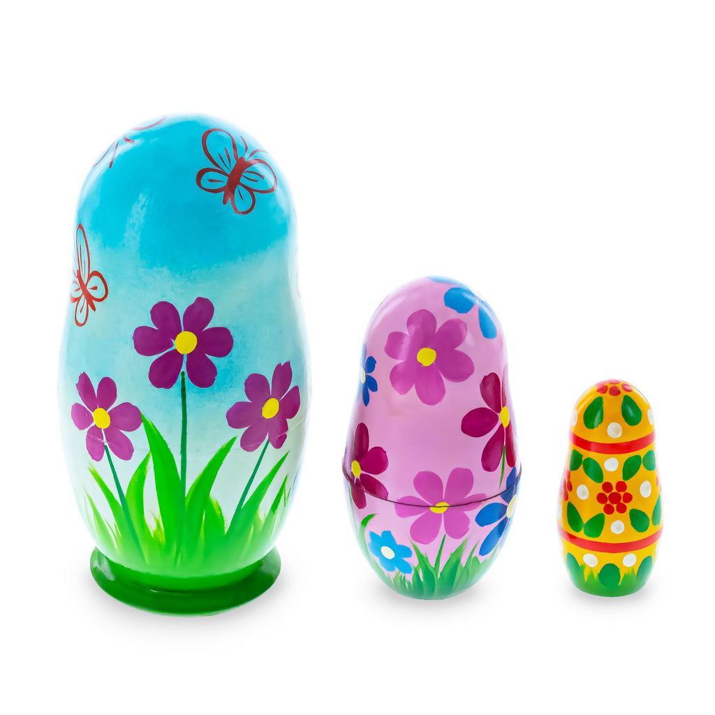 Set of 3 Bunnies and Easter Eggs Wooden Nesting Dolls 4.25 Inches