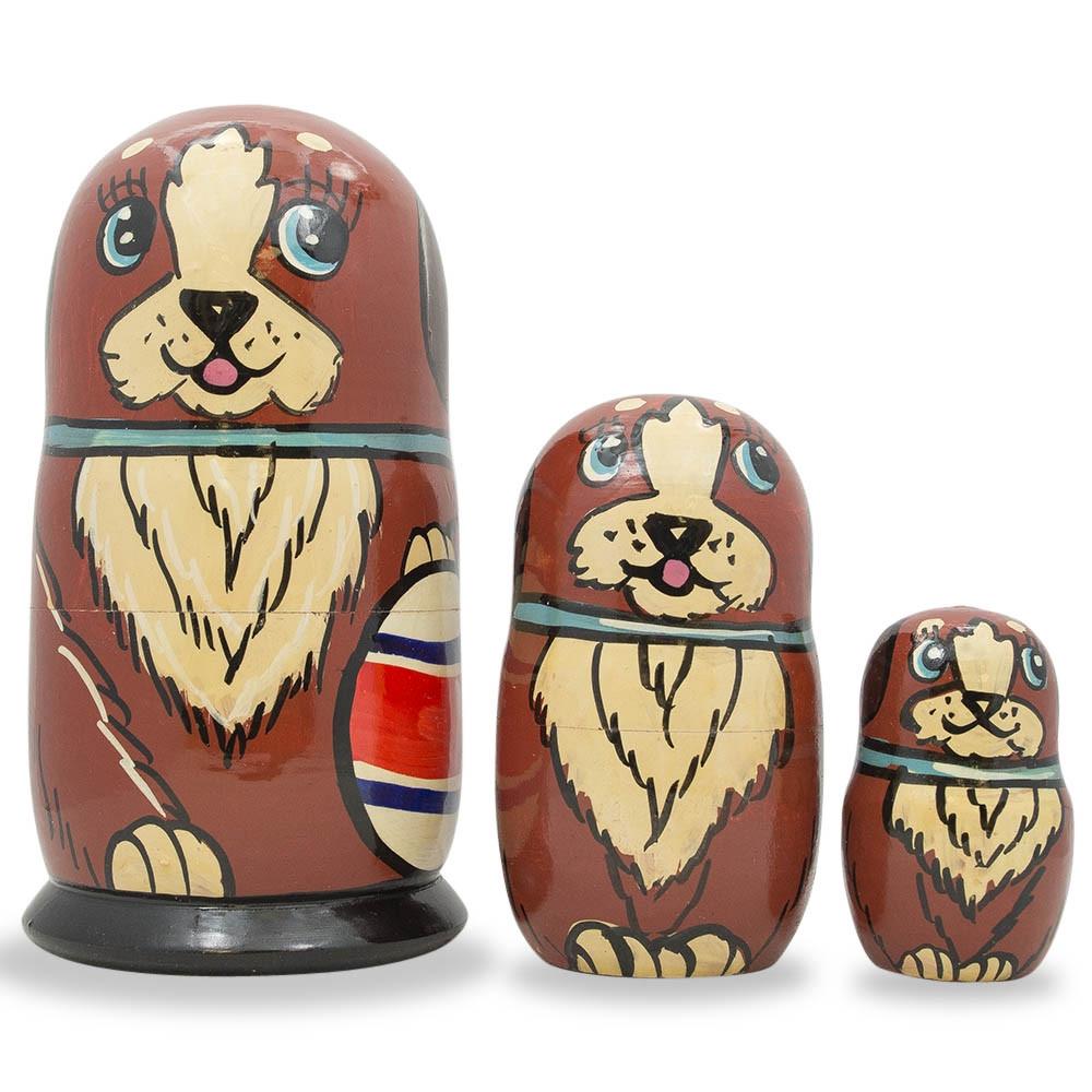 Wooden Brown Dog with Ball Nesting Dolls - Pet Stacking Matryoshka 5 Inches