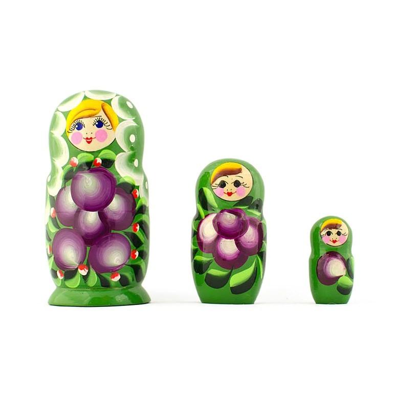 3 Daffodils Flowers on Green Dress  Wooden Nesting Dolls 3.5 Inches
