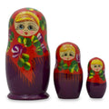 Set of 3 Wooden Floral Nesting Dolls - 3.5" Red & Purple Flower Matryoshka