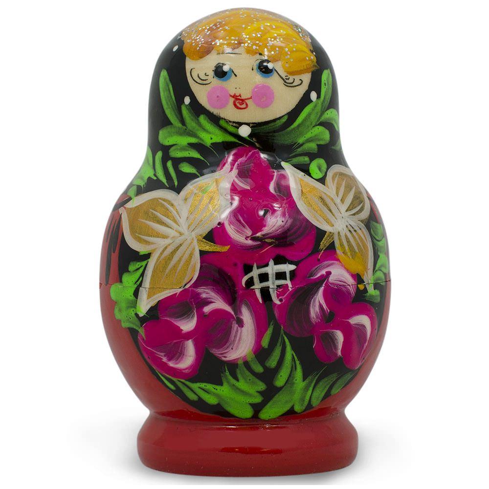 Set of Flowers on Black and Red Dress Nesting Dolls 3.5 Inches
