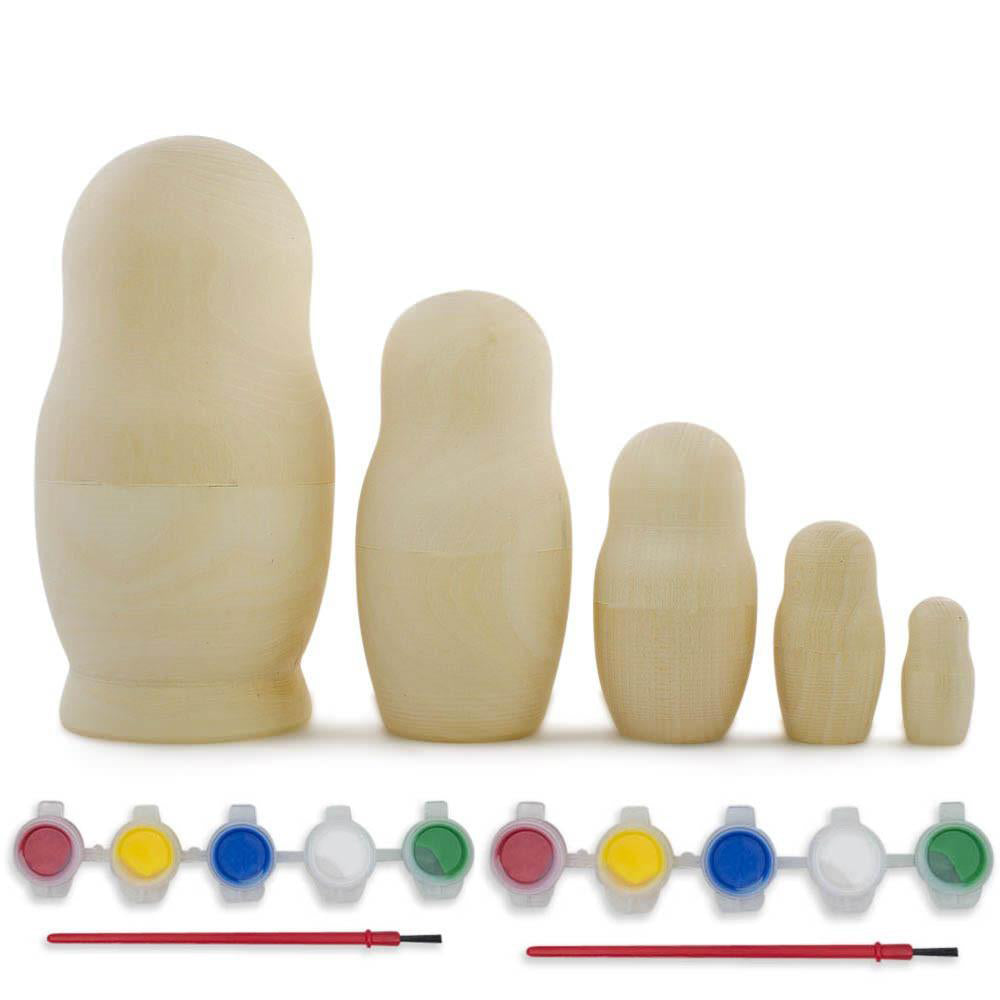 Set of 5 Unfinished Wooden Nesting Dolls with Paints DIY Craft Blanks for Painting  5.75 Inches