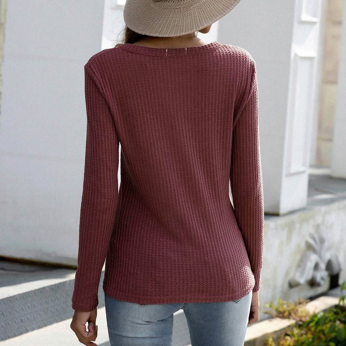 Notched Waffle Knit Solid Tee