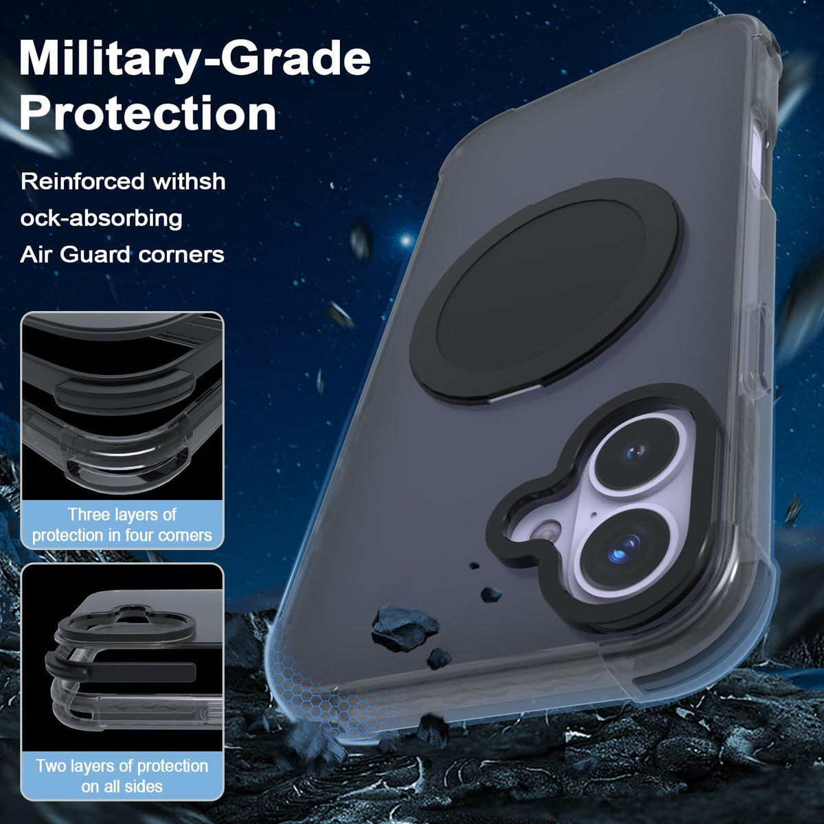 FUGTBLESS iPhone 16 Case 6.1" Translucent Magnetic O-Ring 360° Stand