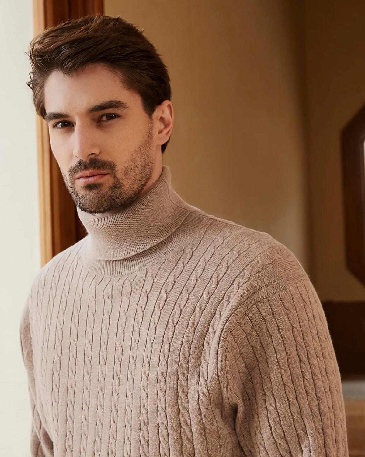 Kallspin Men's Wool Blend Cable-Knit Turtle Neck Sweater Coffee Size L