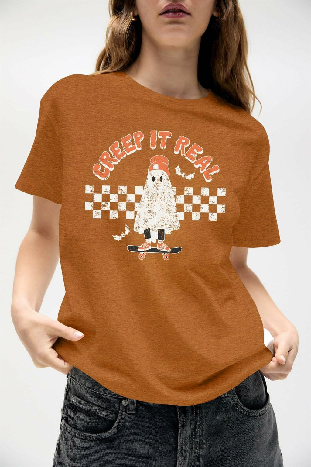 HQP Halloween Ghost T-Shirt Women Brown Graphic Fall Top Spooky Skateboard