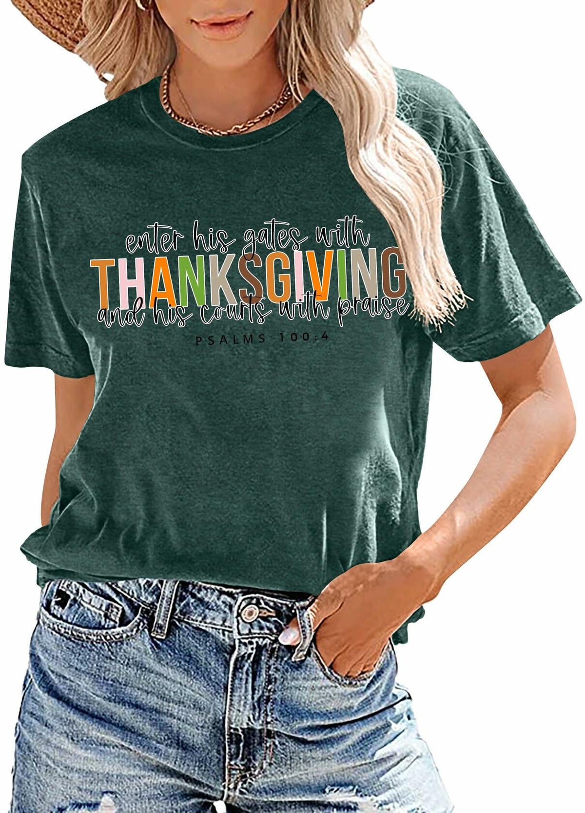 ELDPS Thanksgiving Shirt Women Casual Fall Top Thankful Tee Single Unit - Size L