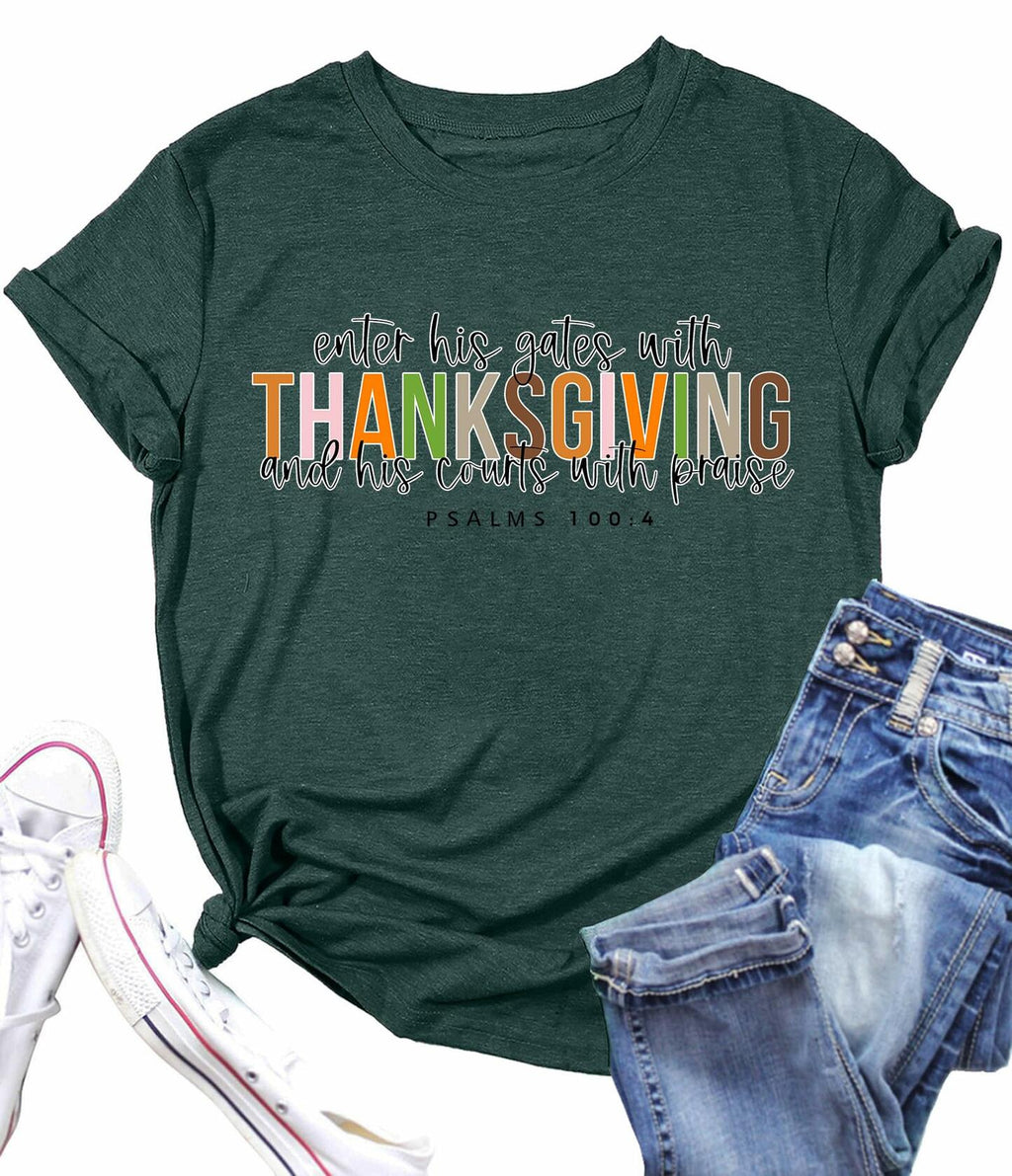 ELDPS Thanksgiving Shirt Women Casual Fall Top Thankful Tee Single Unit - Size L