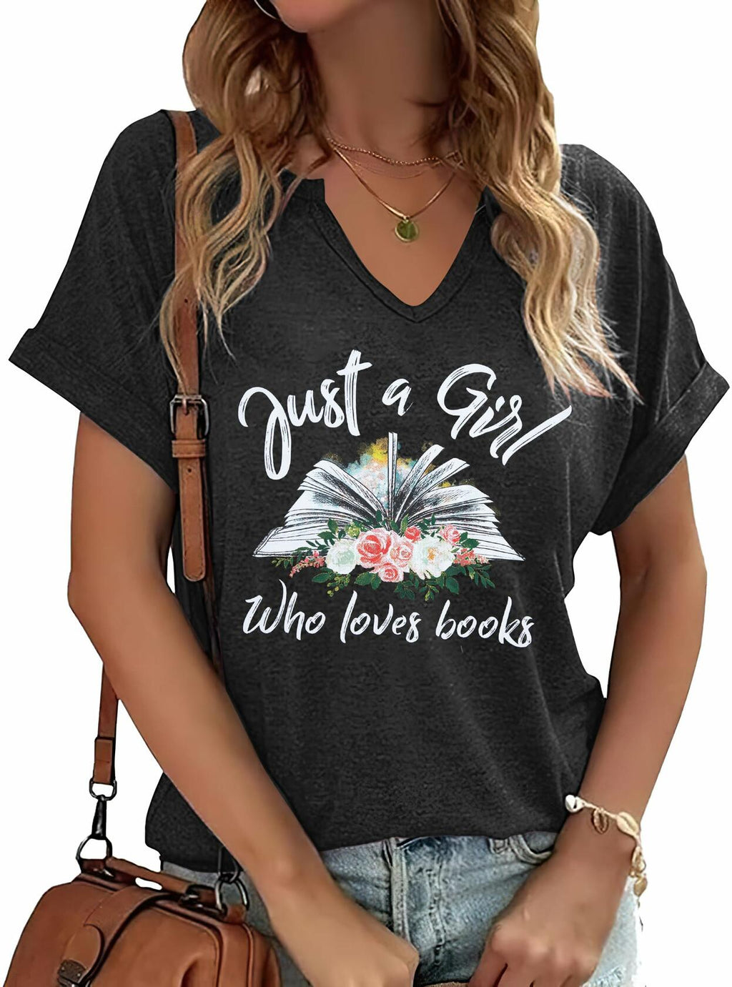 Women Book Lovers Graphic Tee V Neck Short Sleeve Dark Gray Size XL
