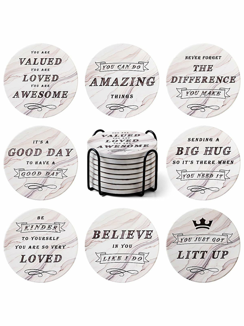 White Elephant Marble Ceramic Drink Coasters Set of 8 with Holder