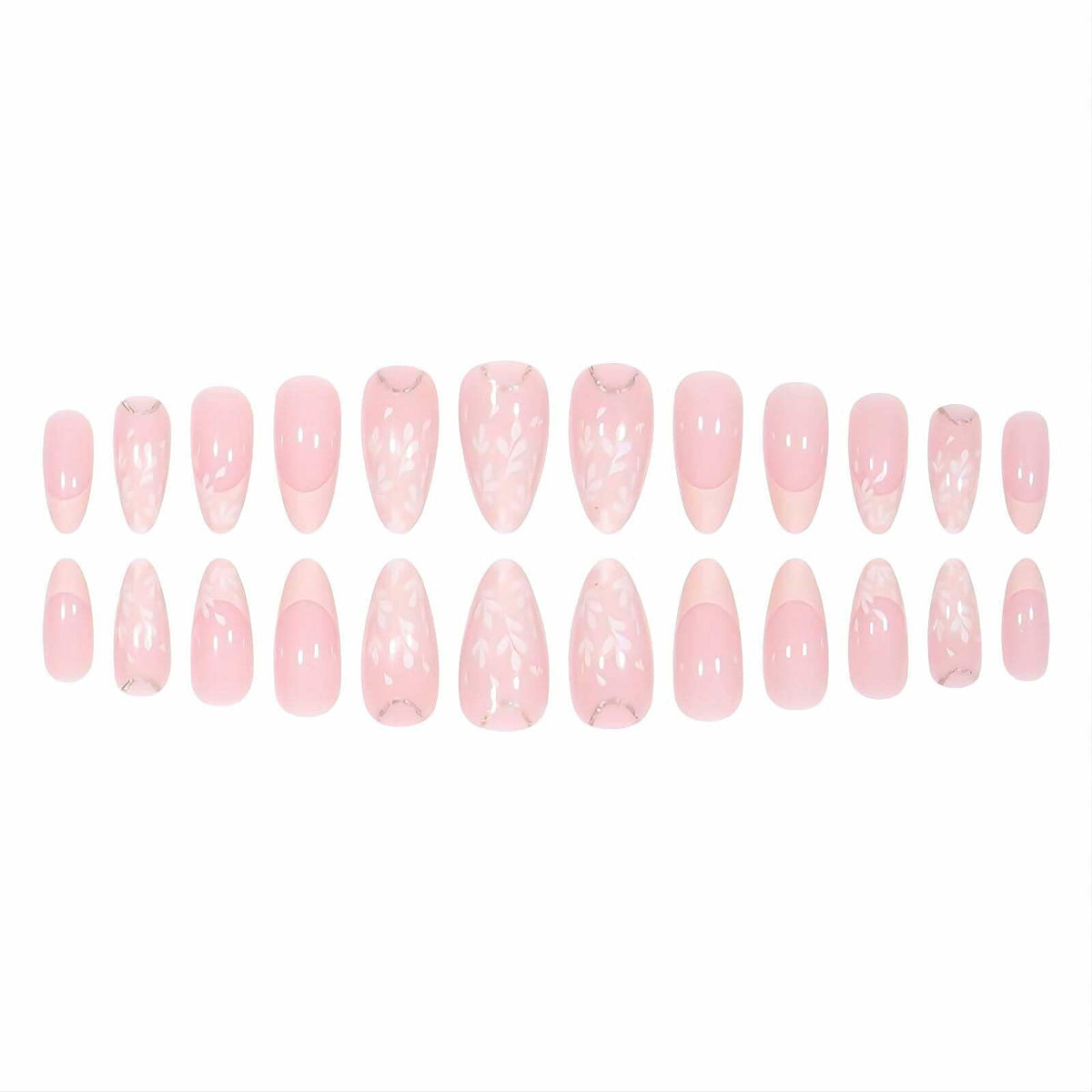 RUOKEXIN Pink Press On Nails Medium Almond French White Tip Glitter Leaves