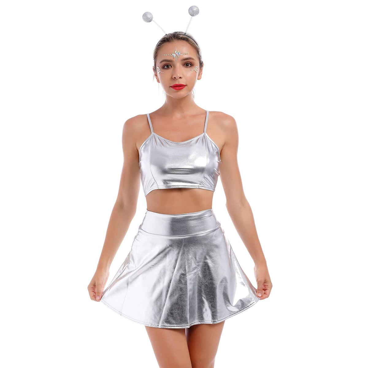 Alien Costume Women Metallic Crop Top Skirt Headband Silver Size 2XL