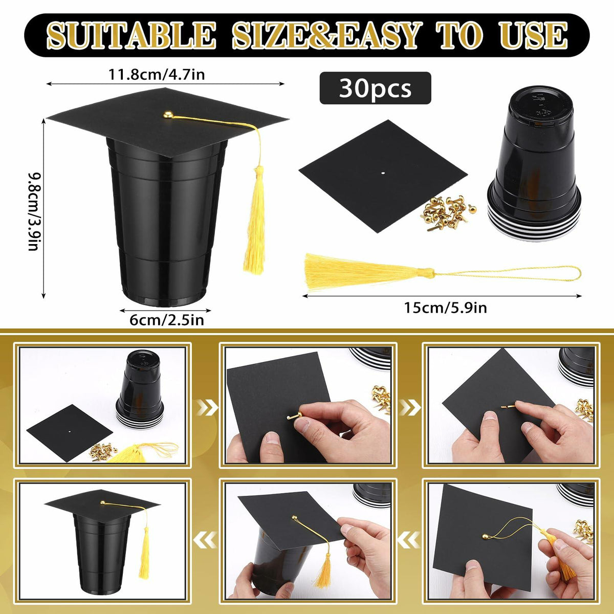 Jingmore Graduation Gift Box 30 Set 16oz Black Plastic Cups Graduation Cap