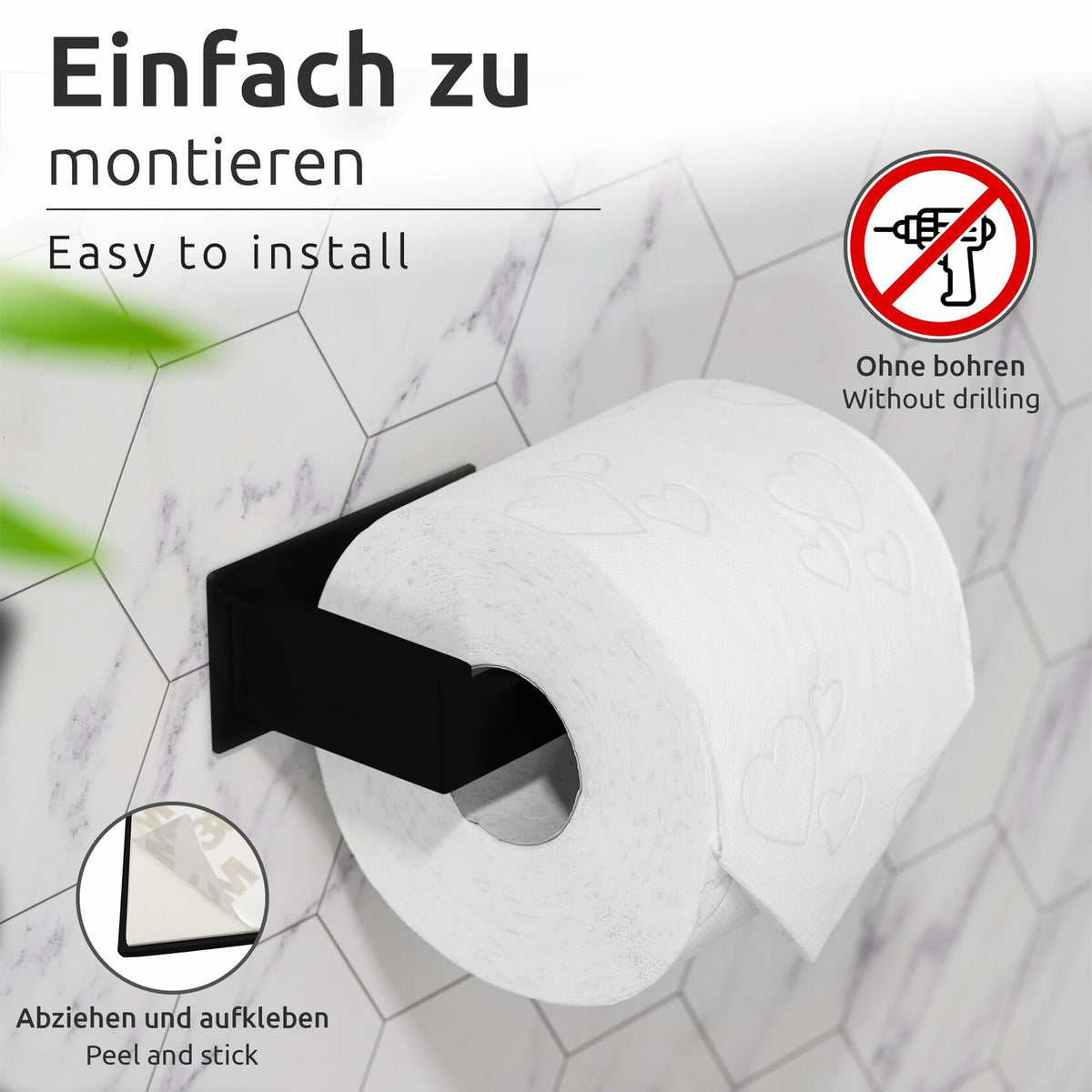 ECENCE Bathroom Set Black 1 Toilet Roll Holder + 2 Towel Hooks No Drilling