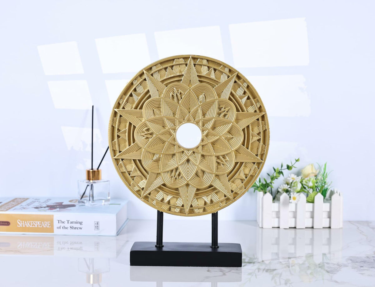 Geometric Mandala Sculpture Black Gold Round Art Decor for Shelf Table Office