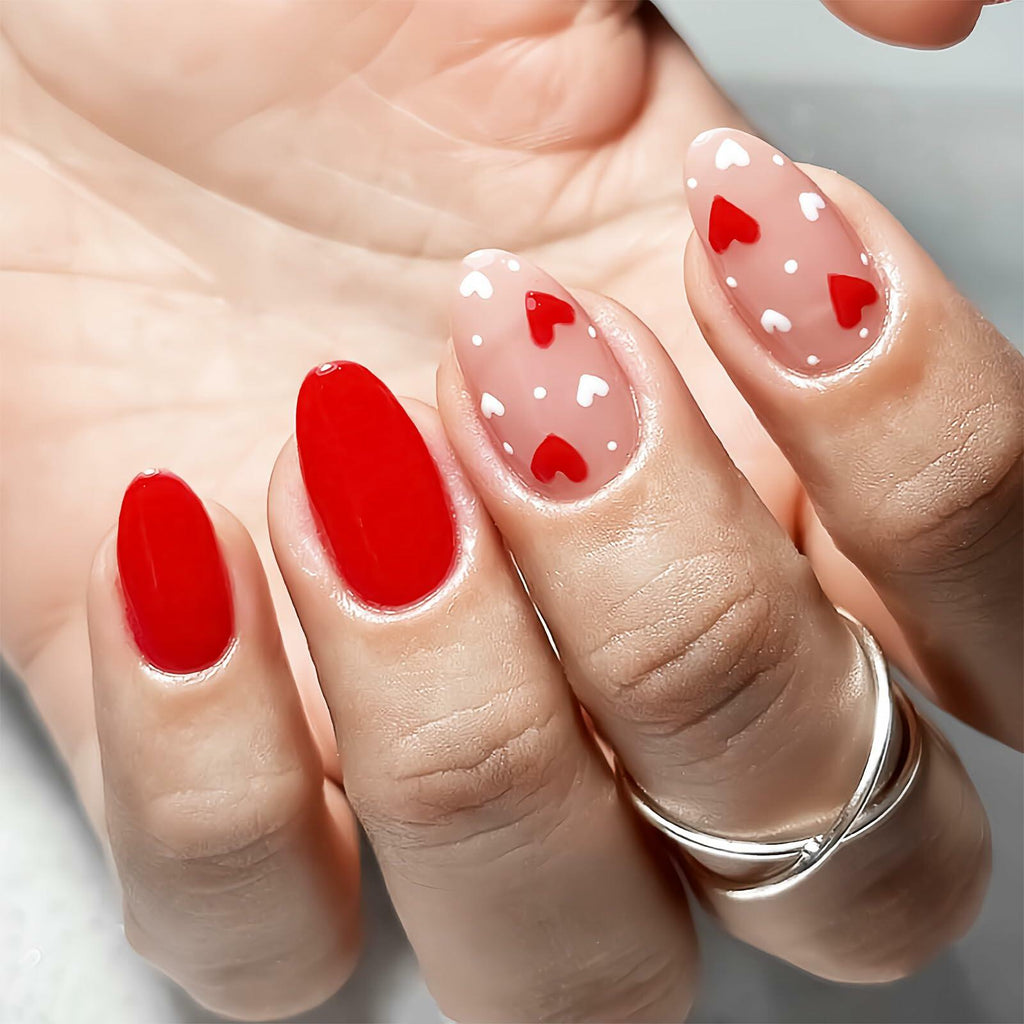 Valentine's Day Short Almond Fake Nails Red Heart White Dots 24Pcs