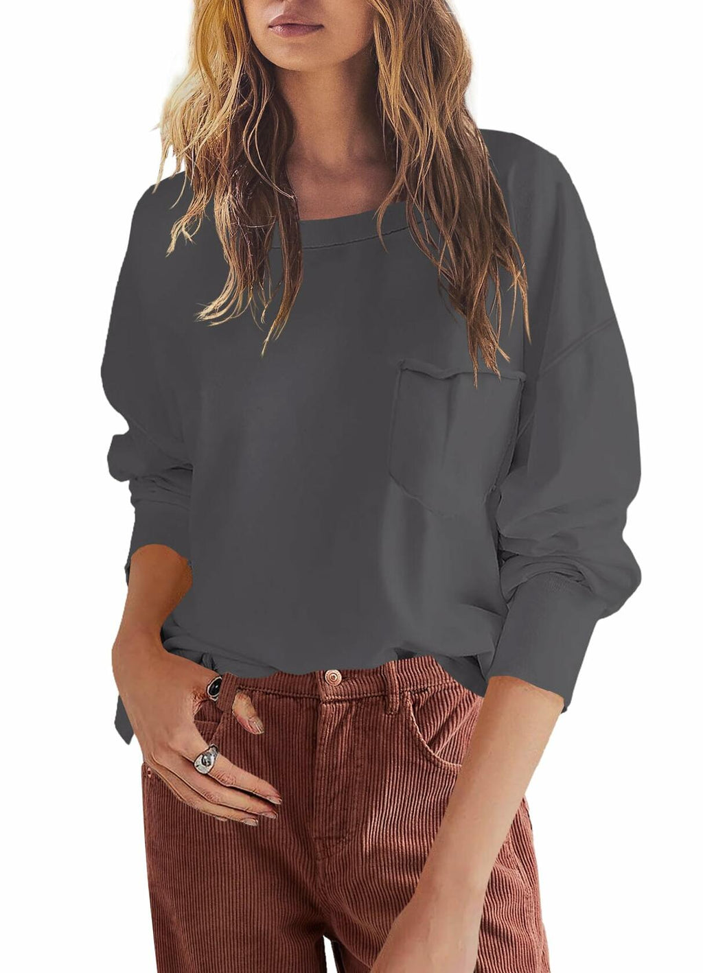 Women’s Crewneck Sweatshirt Long Sleeve Loose Fit Top w/ Pockets Dark Grey S