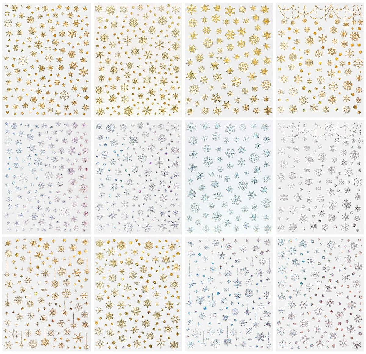 12 Sheets 3D Snowflake Nail Art Stickers Holographic Laser Gold Silver Xmas