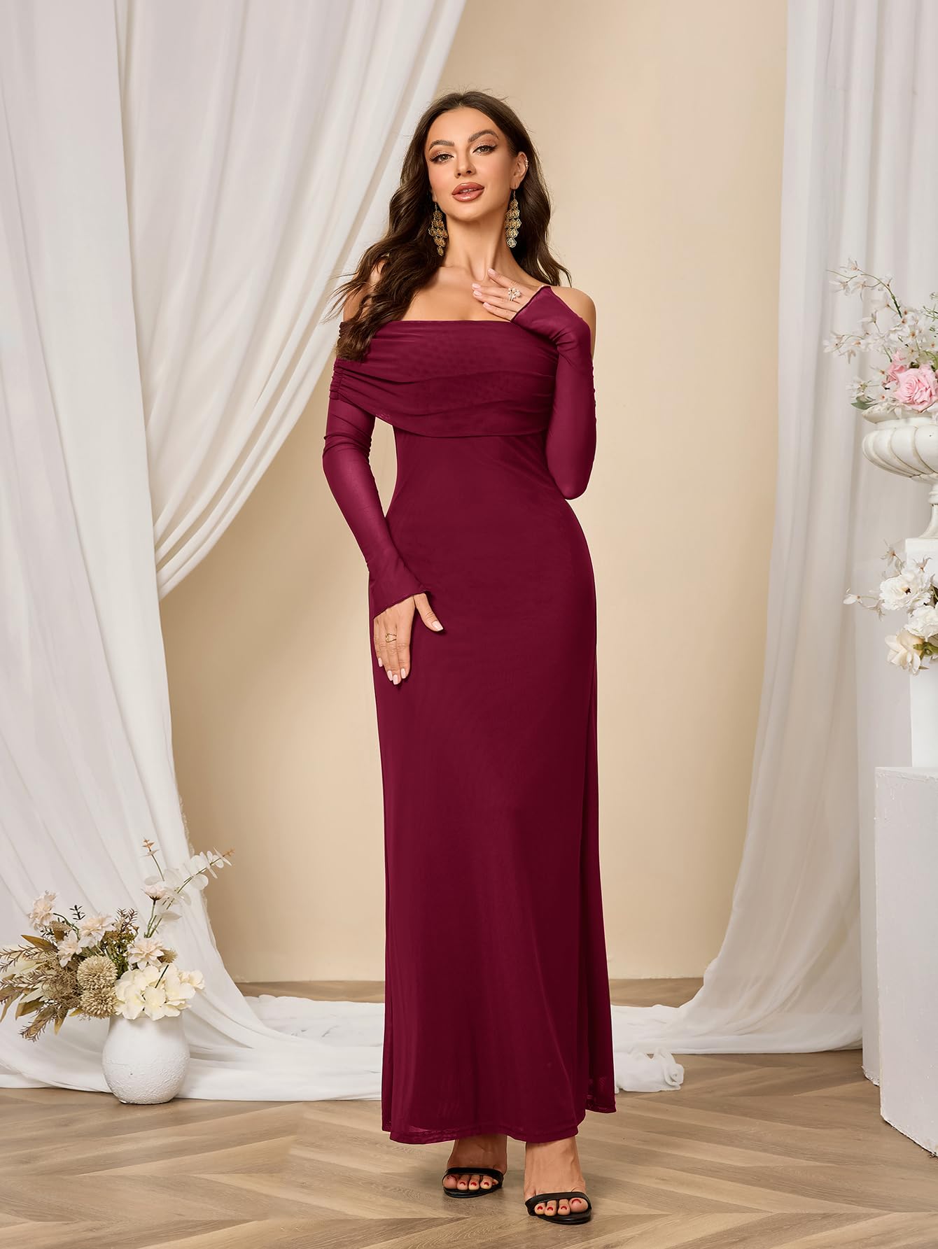 Colysmo Women Off Shoulder Mesh Bodycon Maxi Dress Burgundy Size XL