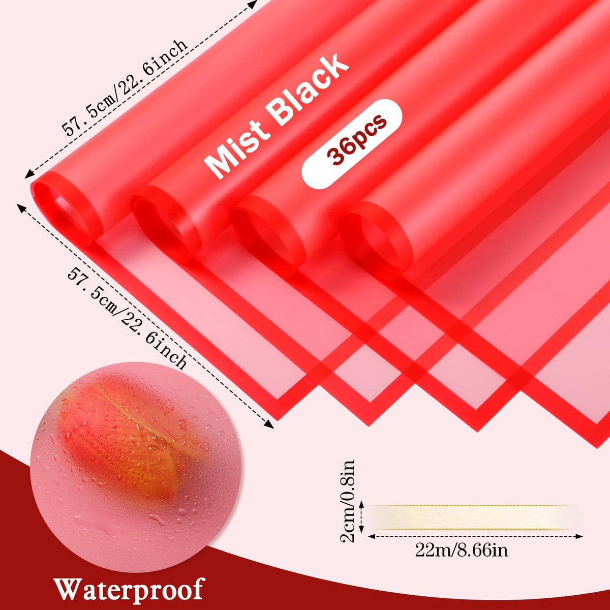 Tenare 36pcs Waterproof Flower Wrapping Paper & 50yd Satin Ribbon Red