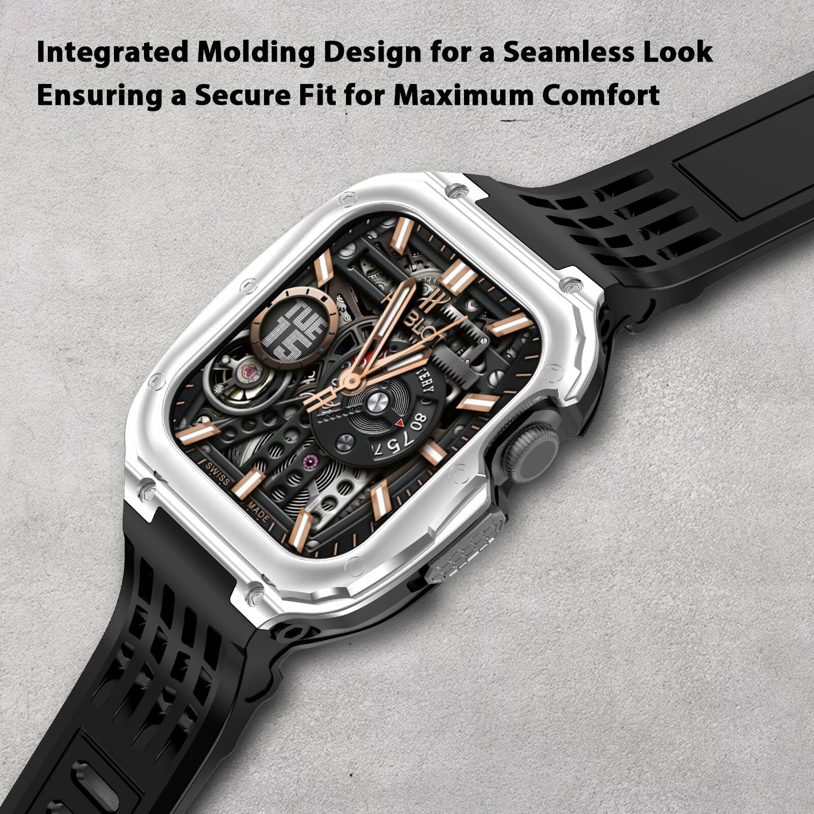 V-MORO Stainless Steel Band Case for Apple Watch Series 9 8 7 45mm Black Silver