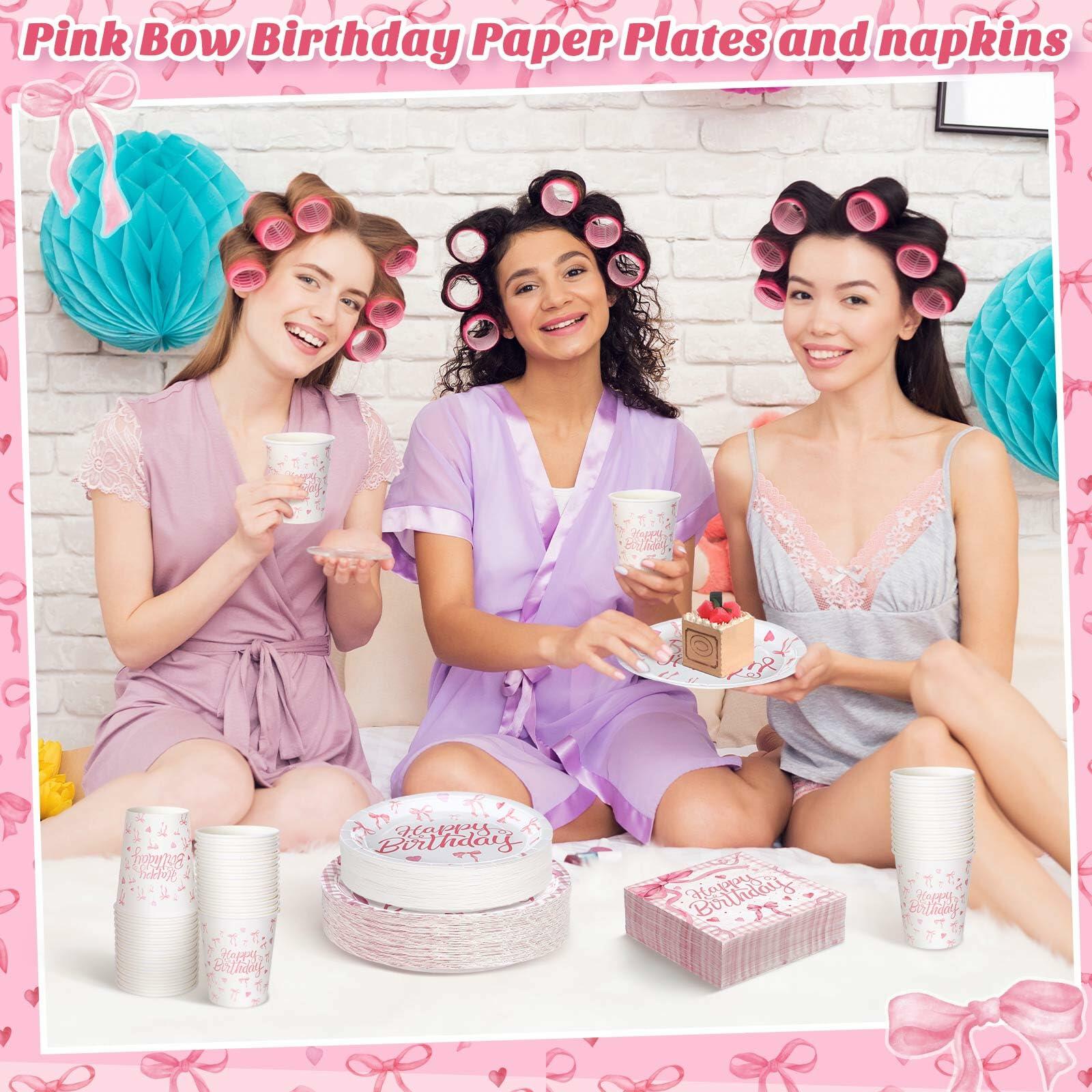 Coquette Pink Bow Birthday Party Supplies 216 Pcs Plates Napkins Set