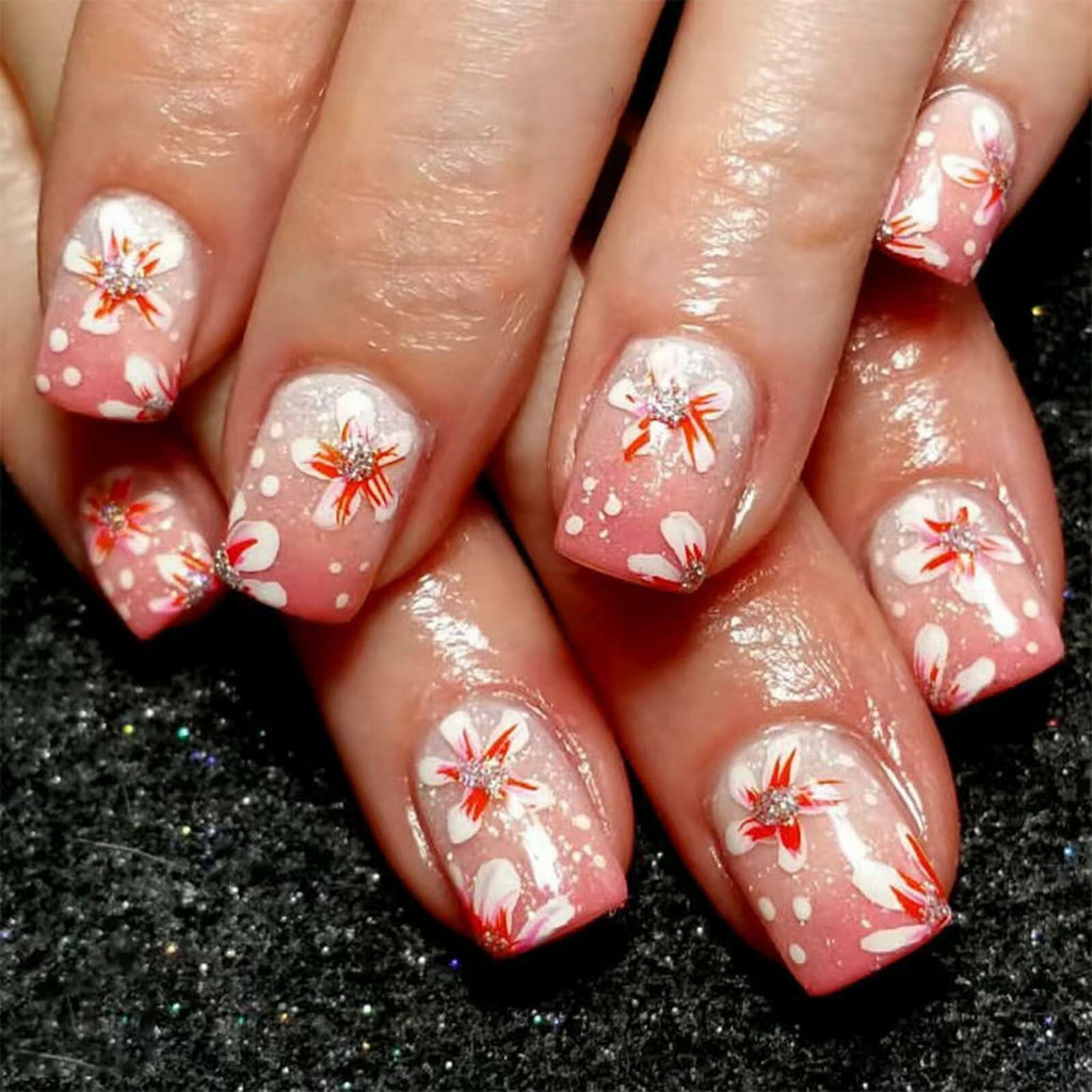 24Pcs Pink Gradient Press On Nails Short Floral Fake Nails with Glue Women