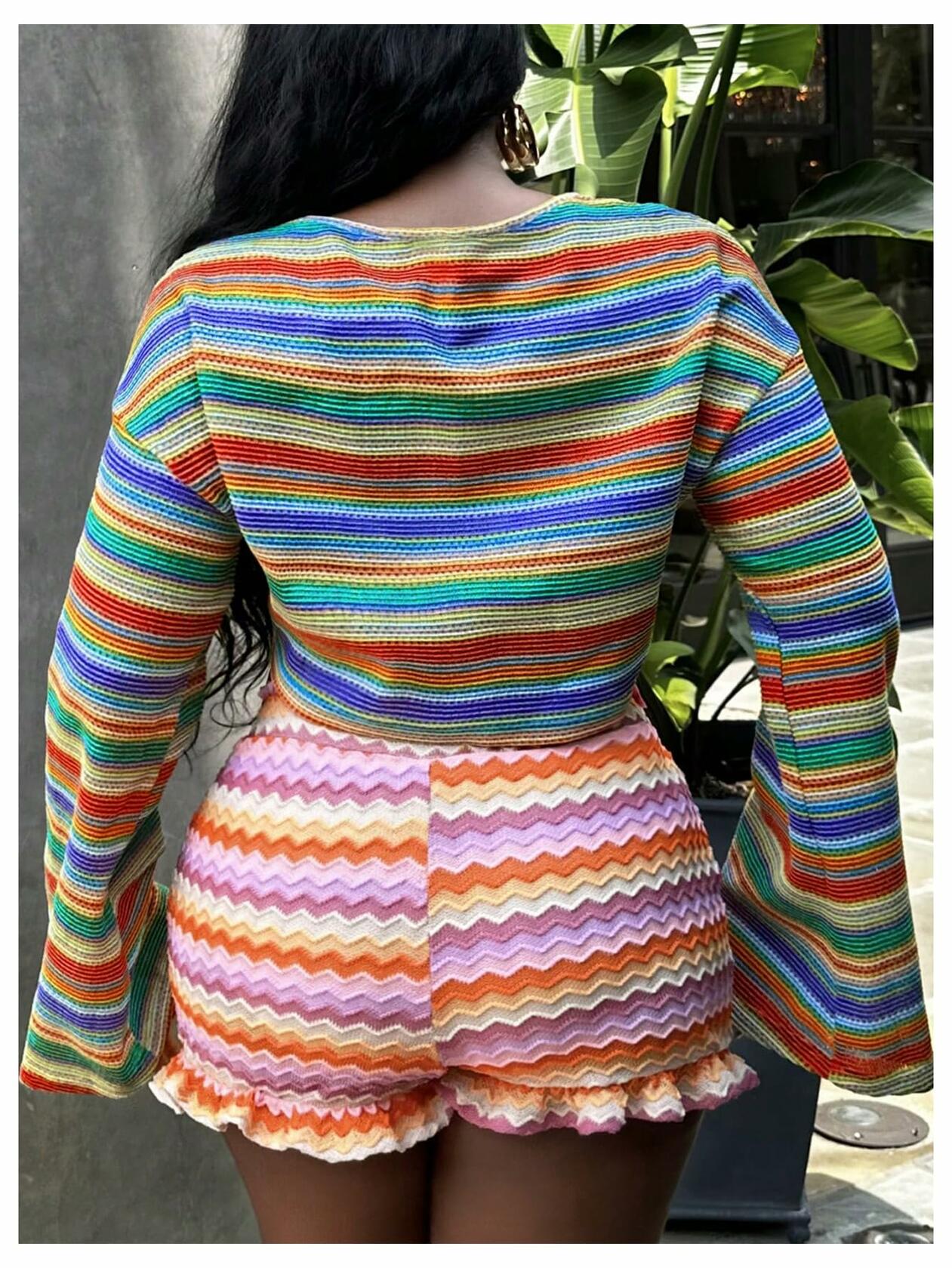 RoseSeek Women's Striped Crop Top Long Sleeve Knit Tee Multicolor Size S
