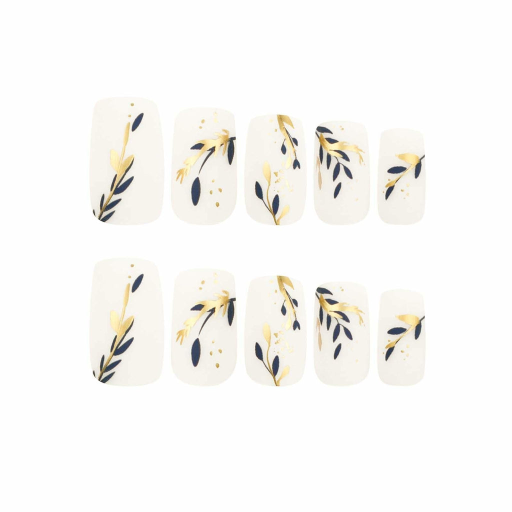RUOKEXIN Acrylic Coffin Nails 24Pcs Red Blue Flower Gold Rhinestones Glossy