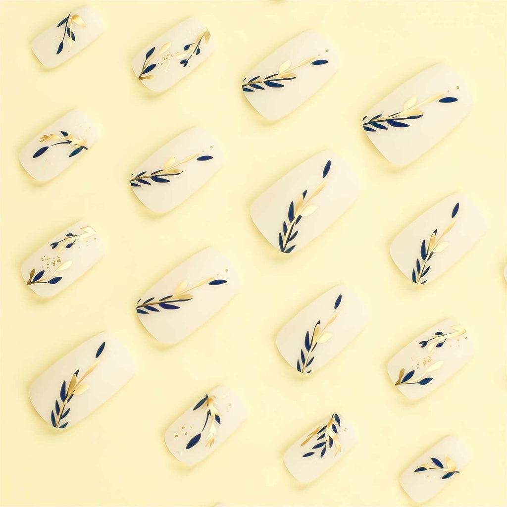 RUOKEXIN Acrylic Coffin Nails 24Pcs Red Blue Flower Gold Rhinestones Glossy