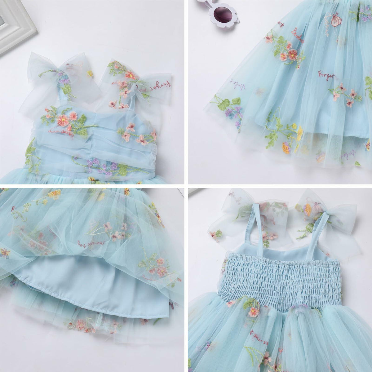 Floral Embroidered Tutu Dress Toddler Girls Bowknot Sleeveless Blue Size 2-3T
